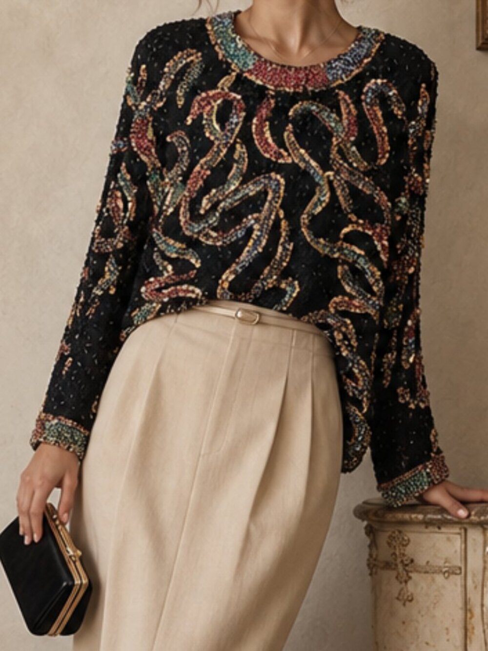 Black Tie Silk Glam beaded and sequin long sleeve top large by He-ro industries